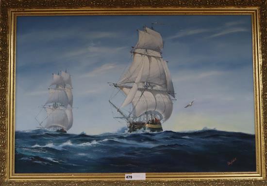 Peter J. Scott, oil on canvas, Sailing ships at sea, signed, 60 x 90cm.